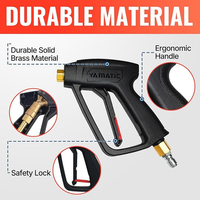 YAMATIC Short Pressure Washer Gun with Swivel Brass 3/8" Quick Connector, Power Washer Handle with Easy Pull Trigger Replacement for Ryobi, Simpson, Craftsman, DeWalt, 4000 PSI