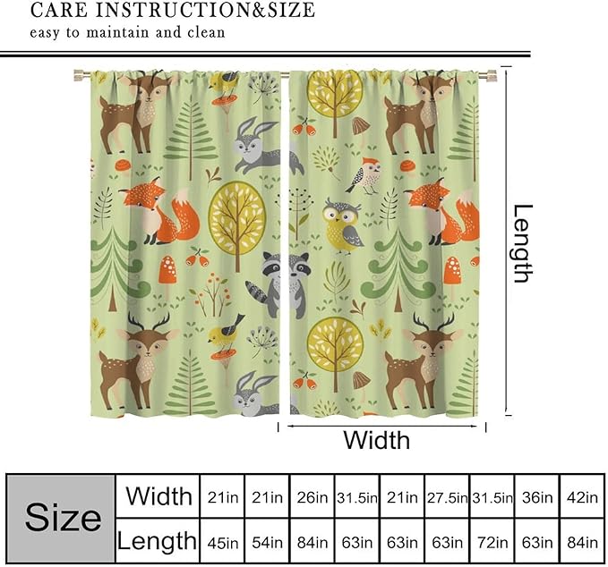 Cute Animals Curtains, Fox Bear Cartoon Wild Animals Blackout Window Treatments, Rod Pocket Thermal Insulated Drapes 2 Panel Sets for Kids Bedroom Nursery Classroom, 63" W X 72" L
