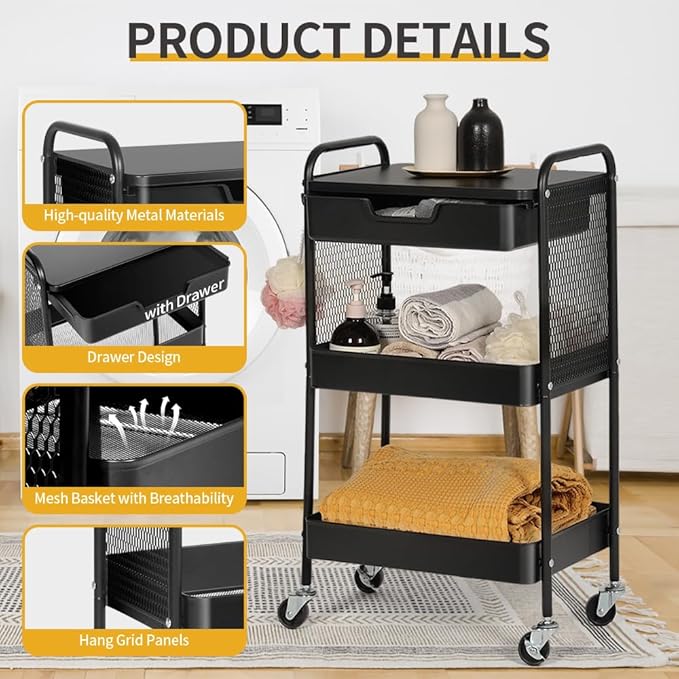 3-Tier Rolling Cart with Drawer, Metal Utility Storage Cart Organizer with Lockable Wheels&Hanging Cups&Hooks, Mobile Storage Craft Carts Trolley with Mesh Shelves for Kitchen, Office-Black