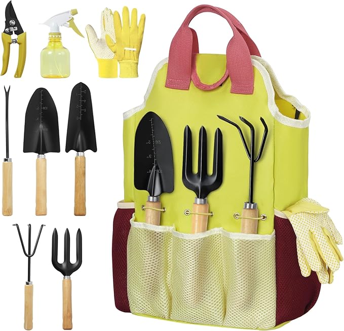9-Piece Gardening Tool Set, Heavy Duty Garden Tool Set with Wood Handle, Premium & Durable Hand Tools Gardening Kit with Stylish Handbag, Gardening Gifts for Women