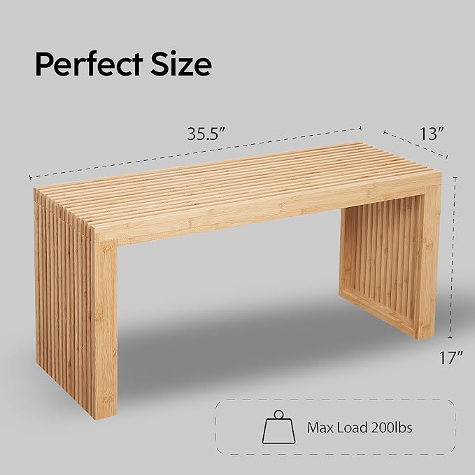 Bamboo Natural 36 inch Wooden Bench, Small Wood Benches for Entryway, Living & Dining Room, Kitchen, Bedroom, Bathroom, Hallway, Front Door, For Indoor & Outdoor Patio Use, Mid Century Modern Decor