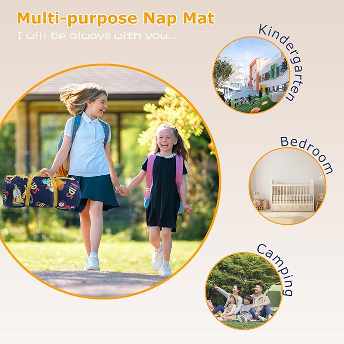 Toddlers Nap Mat with Removable Pillow and Soft Blanket, Lightweight Daycare Preschool Kindergarten Sleeping Bag, Travel Slumber for Kids Girls Boys
