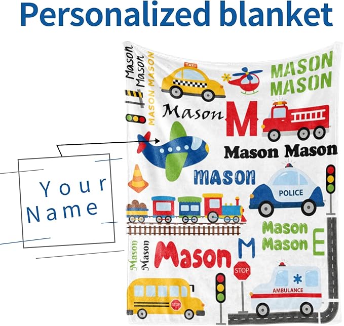 Custom Blanket with Name for Boys, Personalized Name Blanket City Transport, Soft Flannel Blankets Customized Gift for Children Day Birthday Christmas-40 x50