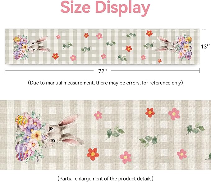 Easter Table Runner 13x72 Inch Bunny Rabbit Flowers Leaves Buffalo Plaid Eggs Seasonal Holiday Kitchen Dining Table Decoration for Indoor Kitchen Dining Home Party Decor