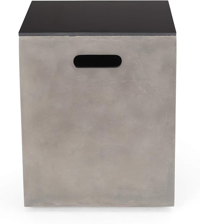 Propane Tank Cover Table for Fire Pits, 20 LB Concrete Propane Tank Holder with Side Handles, Outdoor Tank Storage Side Table for Patio, Gas Griddle, Black+ Gray, Ceramic Top