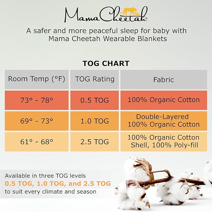 Mama Cheetah Toddler Sleep Sack with Feet 3T-4T, 0.5 TOG Organic Cotton Baby Wearable Blankets with Legs, Baby Sleeping Bag for Walkers, Early Walker Large