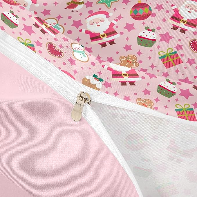Feelyou Pink Christmas Duvet Cover Full Size Cartoon Santa Claus Gingerbread Man Bedding Set for Boys Girls Snowman Xmas Decor Comforter Cover Reversible Pink Bedroom Decor 3Pcs