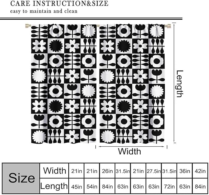 Mid Century Geometric Floral Curtains,Vintage 70s Window Treatments for Boys Girls Kids Bedroom Curtains,Boho Black and White Floral Curtains 42"" W X 45"" L, Style-10