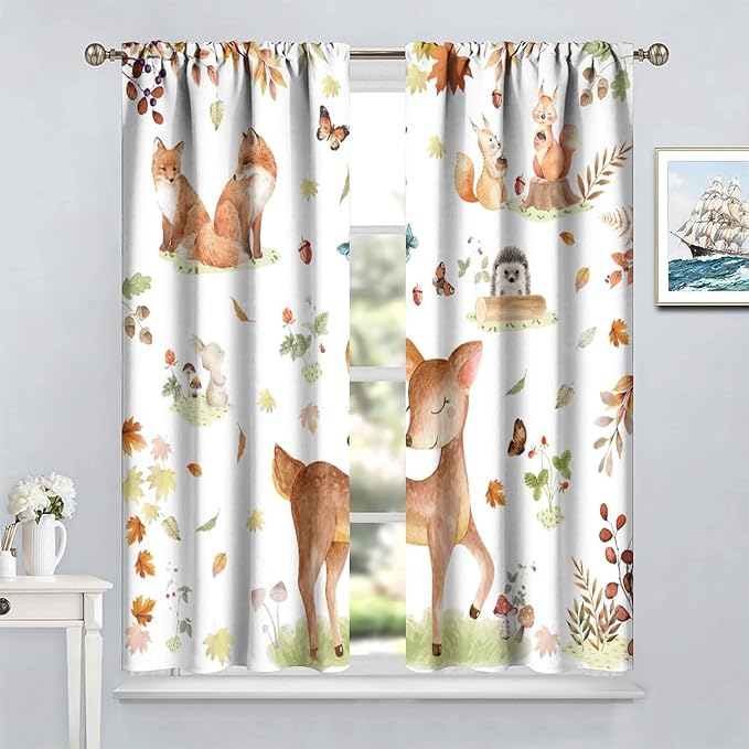 Fall Animails Curtains for Kids, Rustic Cute Woodland Wild Animal Window Treatments Watercolor Autumn Leaves Cartoon Fox Deer Window Drapes for Nursery Toddler Bedroom 52x84in