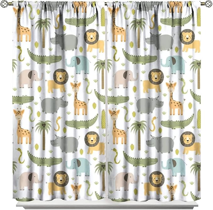 Nursery Safari Animals Window Curtains,Cartoon Woodland Jungle Forest Lion Elephant Giraffe Printed Pattern Blackout Drapes for Living Room Baby Boy Kids Bedroom 63x72in