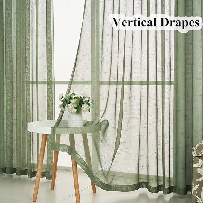 Sage Green Pinch Pleated Sheer Curtains 90 Inches Long 2 Panels, 50 Inches Width, Rustic Linen Look Light Filtering Drapes Decor, Thin Textured Transparent Window Curtain Panels