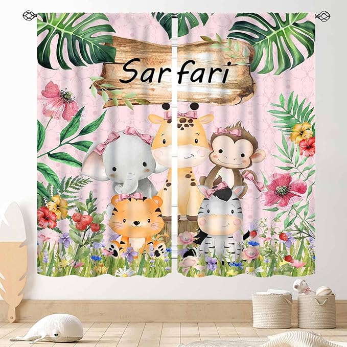 Kids Safari Animals Curtains, Cartoon Giraffe Elephant Monkey Woodland Jungle Tropical Leaf Pink Window Curtains for Boys Girls Baby Living Room Bedroom Nursery Classroom 2 Panels, 42"x54" Inch