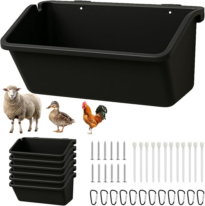 6 Pack Hanging Goat Feeder & Duck Feed Trough, 5 Qt Fence Mounted Livestock Manger – Heavy Duty Plastic Mineral Bucket & Waterer for Sheep, Piglets, Deer & Poultry.