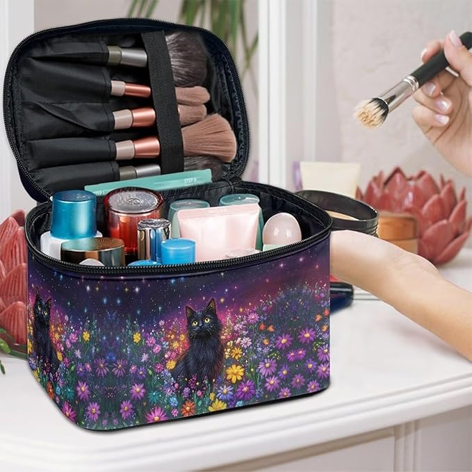 Black Cat Colorful Daisy Flower Print Travel Makeup Bags for Women Portable Tote Cosmetic Case with Carry Handle Toiletry Accessories Storage Organizer Bags
