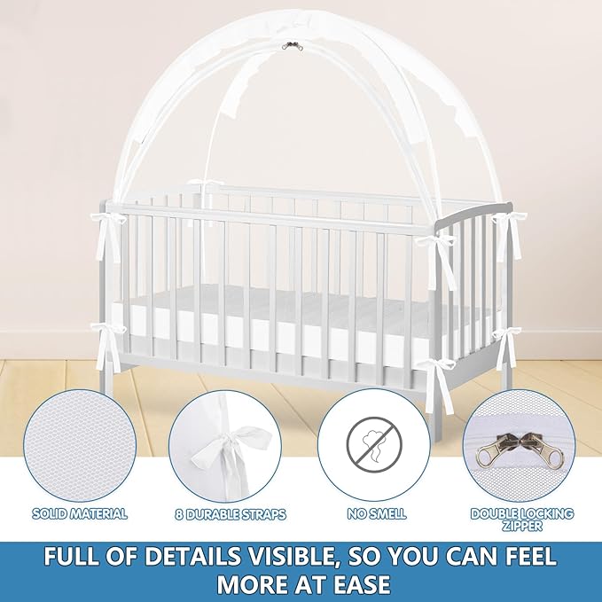 Crib Tent - Crib Net to Keep Baby in, Stop Baby from Climbing Out of Crib, Pop Up Baby Crib Tent with Double Zip Strong Rods and Breathable Net Clear Visibility Easy to Install (White, Large)