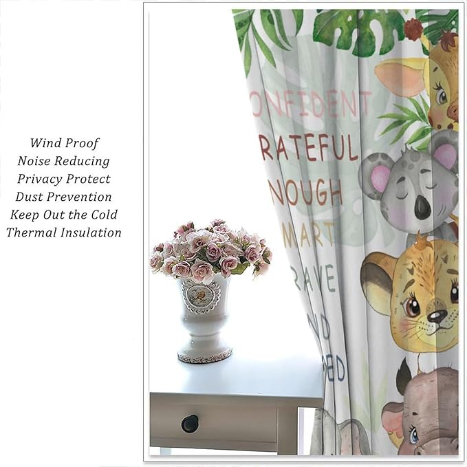 Cartoon Safari Animal Curtains Cute Watercolor Wildlife Jungle Window Treatments for Kids Boys Girls Bedroom Living Room Inspirational Motivational Quotes Nursery Children Drapes W63xL63