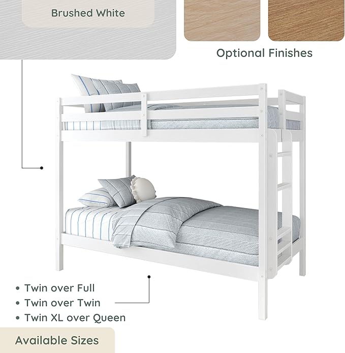 Grain & Grove Bear Twin Over Twin Bunk Bed, Sturdy Bunk Bed Frame for Kids, Plywood Bunk with Ladder, Guardrail, and Slats, No Box Spring Required, Brushed White