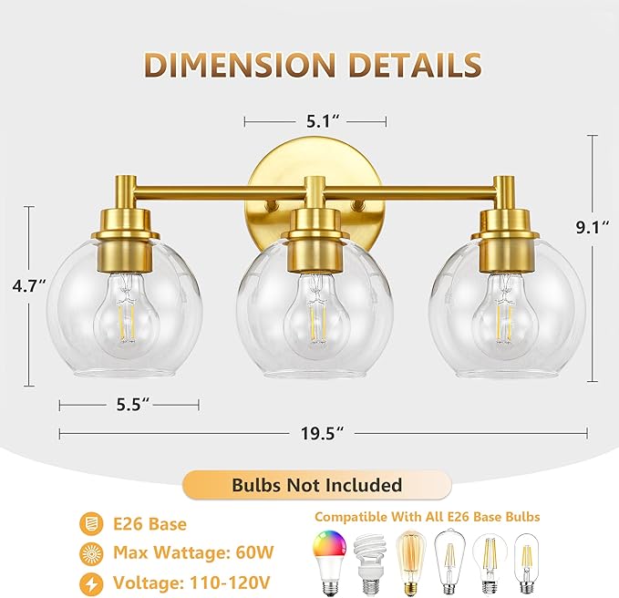 Gold Bathroom Vanity Lights, 3-Light Wall Sconce