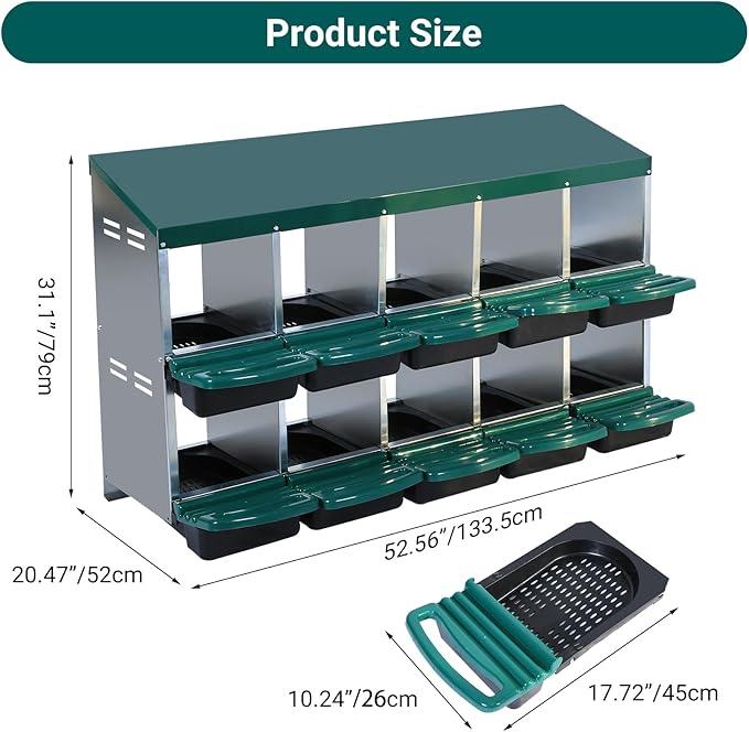 Chicken Nesting Boxes 10 Compartments Chicken Laying Boxes Roll Away Egg Collection Metal Poultry Nest Box with Perch and Lid Cover Free Standing Egg Laying Boxes for Hens Chicken