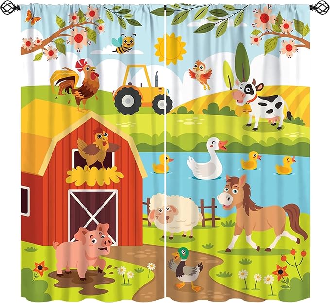 Farmhouse Curtains, Farm Scene Cartoon Animals Pattern Blackout Window Treatments, Rod Pocket Thermal Insulated Drapes 2 Panel Sets for Children Boys Bedroom Nursery Classroom, 42" W X 54" L