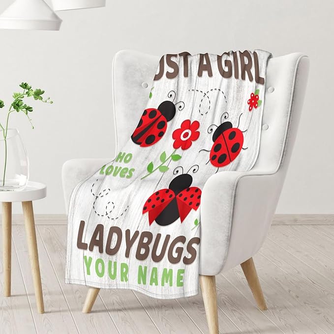 Personalized Ladybug Gifts for Kids - 30 x 40 Inches Cute Lady Bug Blanket for Girls - Grey Plush Warm Decor for Crib, Lap