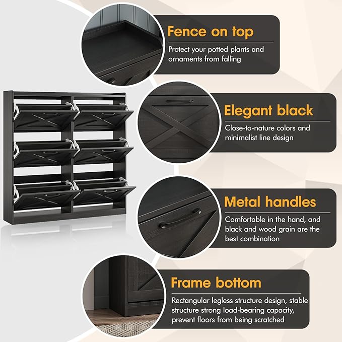 Maupvit Large Shoe Storage Cabinet with 6 Flip Drawers, Freestanding Shoe Organizer with Metal Handles for Entryway, Narrow Shoe Rack Cabinet, Black