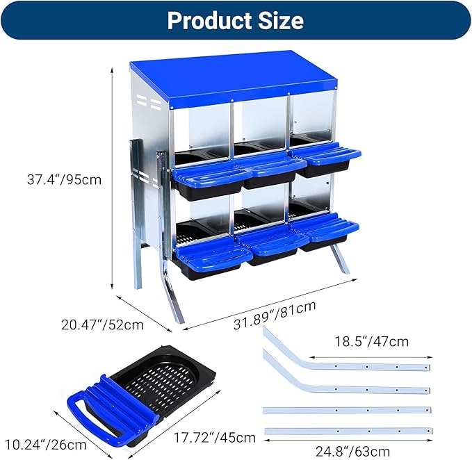 Chicken Nesting Box, 6 Hole 2 Layer Hen Nest Boxes with Legs, Roll-Away Egg Collection System with Ventilation Holes，Rustproof Plastic Tray & Keyhole Mounting, Chicken Laying Box