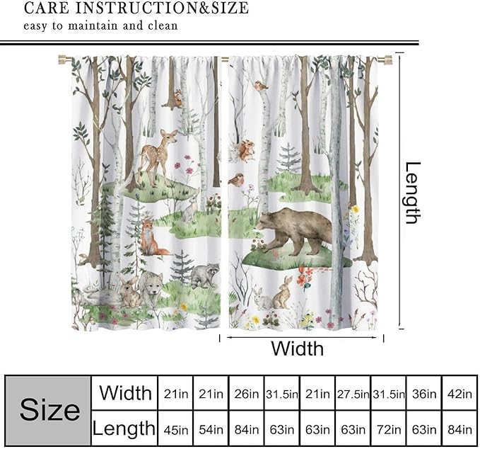 YCness Woodland Animals Curtains, Wild Animals Watercolor Forest Bear Deer Fox Rabbit Floral Nature Window Treatments for Bedroom Kitchen Nursery Living Room Drapes, 72x63 Inch