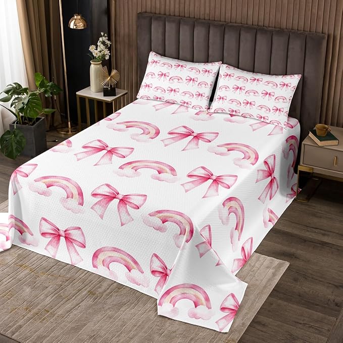 Manfei Pink Bowknot Princess Bedspread King Size,Rainbow Cloud Bow Tie Toddler Coverlet Set,Girls Women Room Decor,Bow Princess Tale Style Quilted Coverlet,Cartoon Dreamy Bedding Quilt,2 Pillowcases