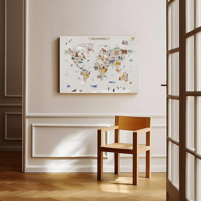 KIPNG Kids World Map - Playroom Animal World Map - Nursery Educational Poster Canvas Poster Wall Art Picture Paintings for Living Room Bedroom Decoration Unframe-style24x36inch(60x90cm)