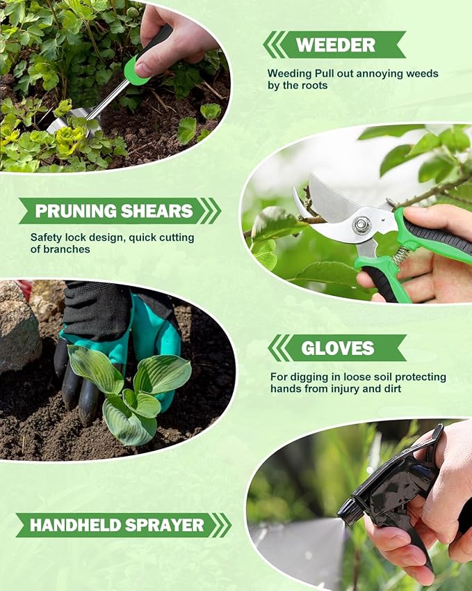 Garden Tools Set, 8 in 1 Heavy Duty Garden Tools Kit, Stainless Steel Ergonomic Gardening Hand Tool with Upgraded Bag, Gardening Supplies Gift for Women, Kid, Organizer