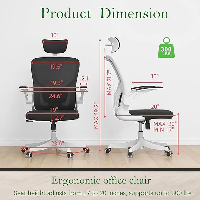 Ergonomic Office Chair, High-Back Mesh Computer Desk Chair with Adjustable Height, Lumbar Support, Flip-Up Armrests,headrest，and Swivel Rolling Design for Home and Office Use