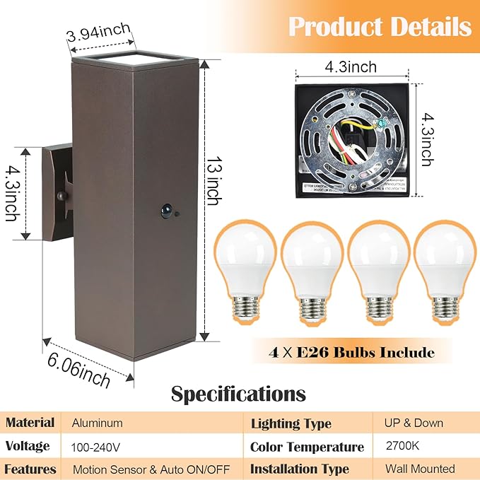 wowlite Motion Sensor Porch Light 2 Pack, Outdoor Lights