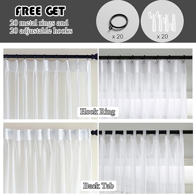 White Sheer Curtains 90 Inch 2 Panels Custom Long, Thin Textured Linen Look Window Sheers, Pinch Pleated Drapes for Living Room, Sliding Glass Door Curtain with Rings & Hooks & Back Tab