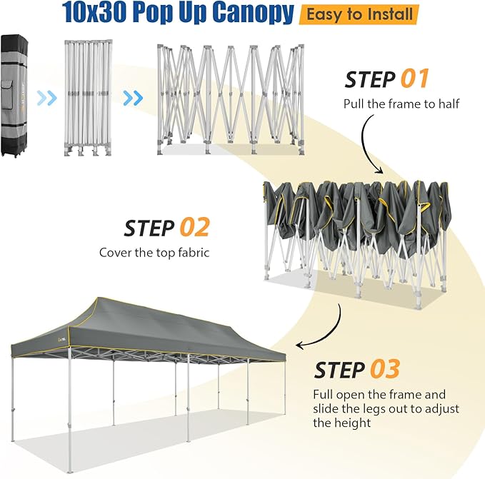 HOTEEL 10x30 Pop up Canopy Tent for Parties, Heavy Duty Easy Setup Tent Without Sidewalls, Outdoor Commercial Instant Gazebo for Wedding Event, with Portable Bag, Grey(Hexagonal Frame)