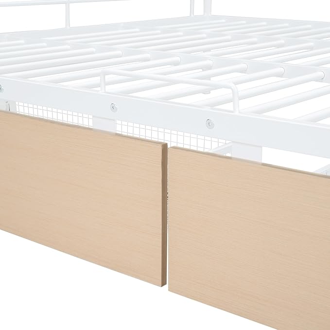 Full Over Queen Metal Bunk Bed with 2 Storage Drawers,Contemporary Iron-Crafted Bed Frame,w/Ladder & Full Length Gridded Guardrails,No Box Spring Needed,for Bedroom Guest Room,White