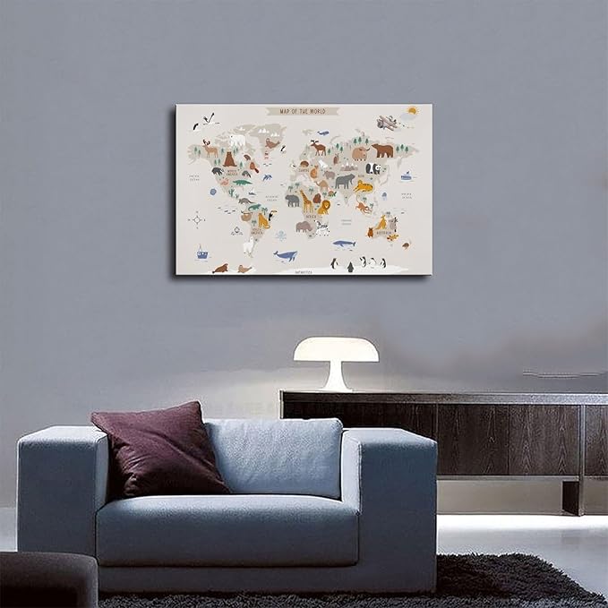 KIPNG Kids World Map - Playroom Animal World Map - Nursery Educational Poster Canvas Poster Wall Art Picture Paintings for Living Room Bedroom Decoration Unframe-style12x18inch(30x45cm)