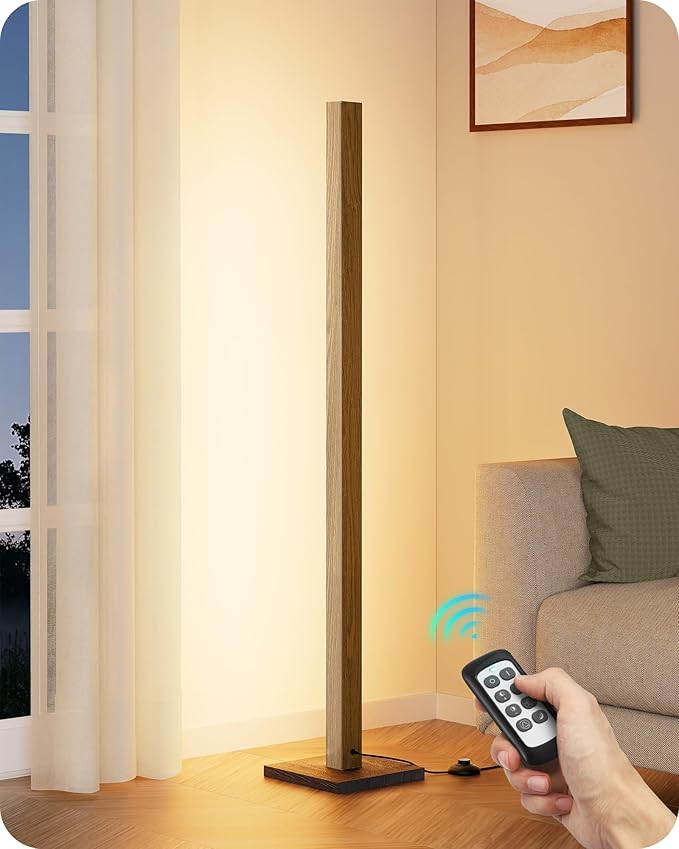 EDISHINE Wood LED Corner Floor Lamp, Modern Dimmable Light