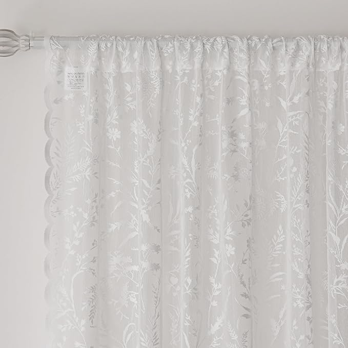 Anmao Vintage Lace Curtains 63 Inches Long 2 Panels Set, Romantic Elegant Light Filtering Semi Sheer Floral Thick Lacy Curtain Drapes for Living Room and Bedroom, Each Panel 55W x 63L, White Leaves