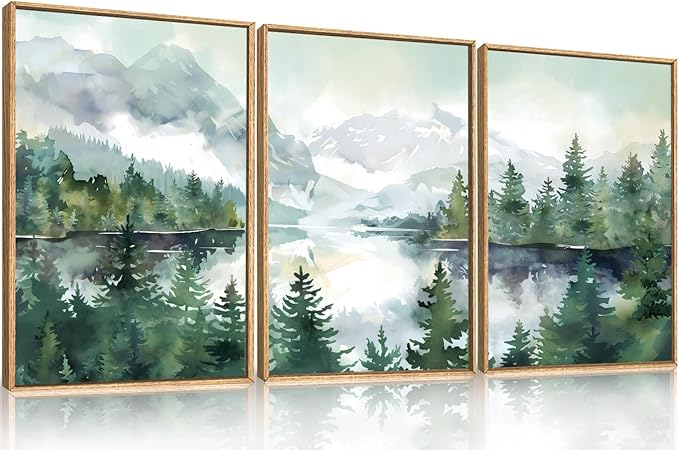 Watercolor Mountain Framed Canvas Wall Art Set, Boho Forest Wall Decor, Nature Green Pines Wall Painting, Forest Wilderness Artwork for Living Room, Bedroom, Dining Room, Office - 16"x24"x3
