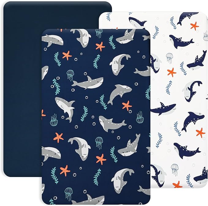 PHF 3 Pack Soft Mini Crib Sheets, Shark Pack N Play Sheets for Baby Boys, No Slip Universal Fit for Pack N Play, Playard, Portable and Mini Crib Mattresses, Shark