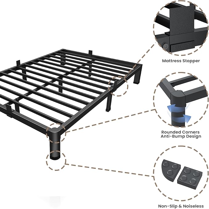 ROIL 7 inch Metal Queen Bed Frame with Rounded Corner Mattress Retainers 3500LBS Heavy Duty Steel Slats No Box Spring Needed Platform Noise-Free Easy Assemble
