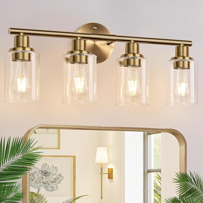 4-Light Bathroom Light Fixtures, Brushed Brass Modern Vanity Lights