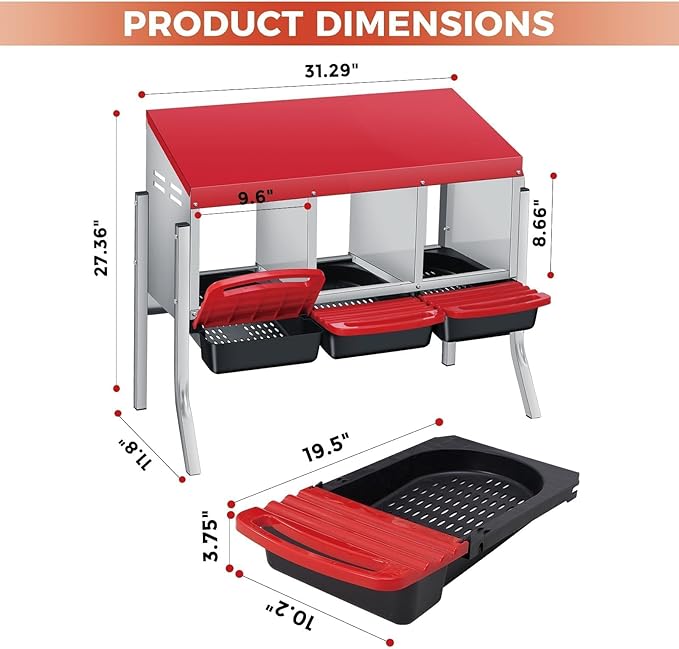 Heavy Duty 3-Compartment Chicken Nesting Box – Rollaway Egg Collection, Removable Galvanized Steel Tray, Perch, Lid, Metal Legs, Wall Mount or Freestanding, Hen Laying Box – Red, Three Grids