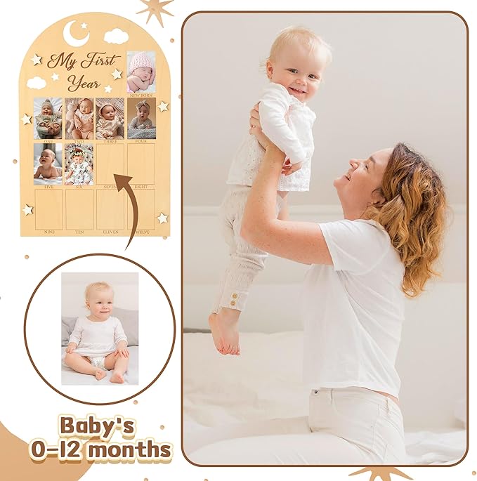 R HORSE My First Year Photo Frame Board - 3D Star Baby First Year Picture Frame 12 Months Milestone Photo Display Wood Board Baby Keepsake 1st Birthday Nursery Decor Gift for Boy Girl