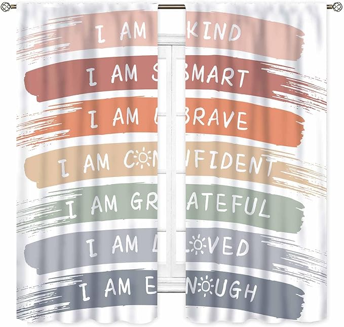 Rainbow Curtains for Classroom, Kids Girls Baby Boho Cute Inspirational Motivational Quotes Cartoon Colorful Pastel Nursery Classroom Bedroom Living Room Bathroom Window Drapes 2 Panels, 63"x63" Inch