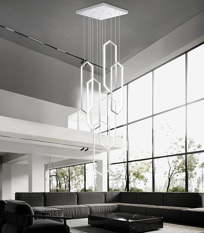 6 Rings Modern Chandelier LED Dimmable Long Large High Ceiling Chandelier