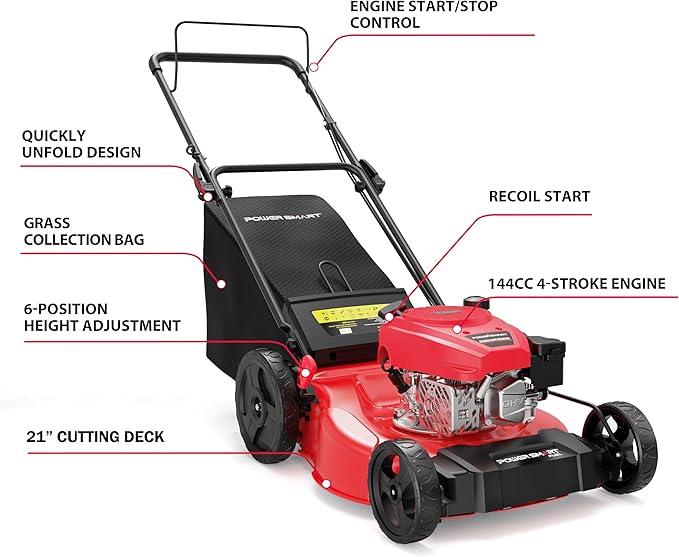 PowerSmart 21-Inch 144cc Gas Push Lawn Mower & 16-Inch 25.4cc String Trimmer/Edger with 10-Inch Brush Cutter for Grass Cutting