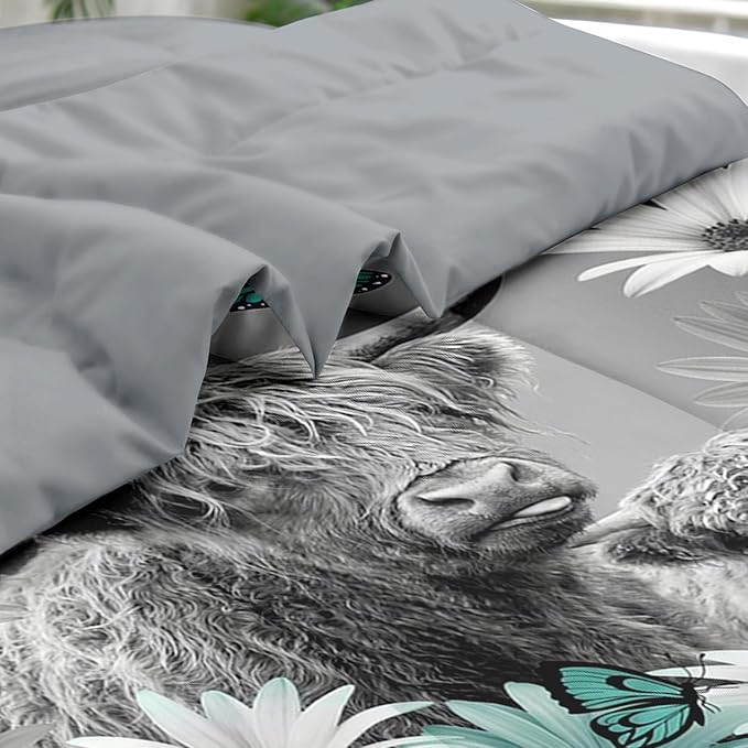 Comforter Set Twin Size, Highland Cow Bull Animal 5 Pcs Bedding for Kids and Adults, Flower Daisy Farm Bed Sheet Sets with Fitted Sheet Pillowcase & Sham for Bedroom Bed Decor