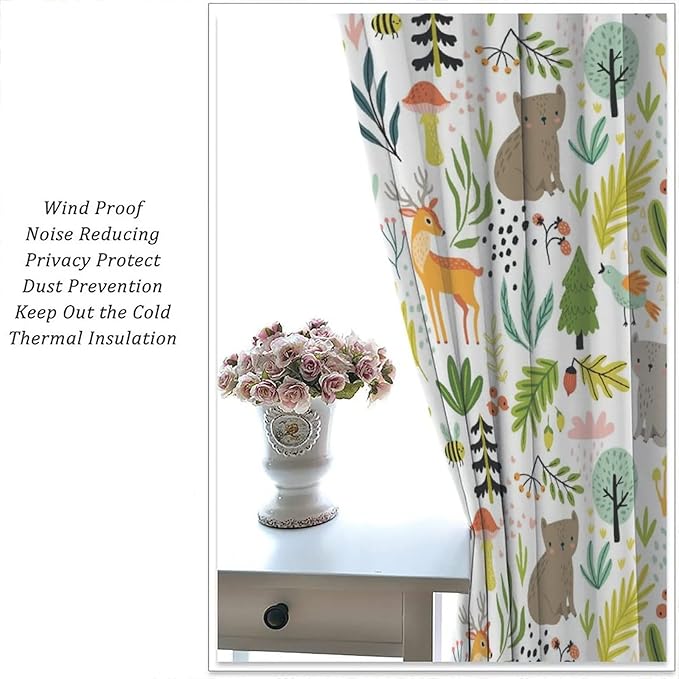 Cartoon Forest Kids Blackout Curtains,Cute Woodland Wild Animals Colorful Deer Plants Trees Print Pattern Thermal Insulation Window Drapes for Nursery Boys Girls Bedroom,White Background 72x63in